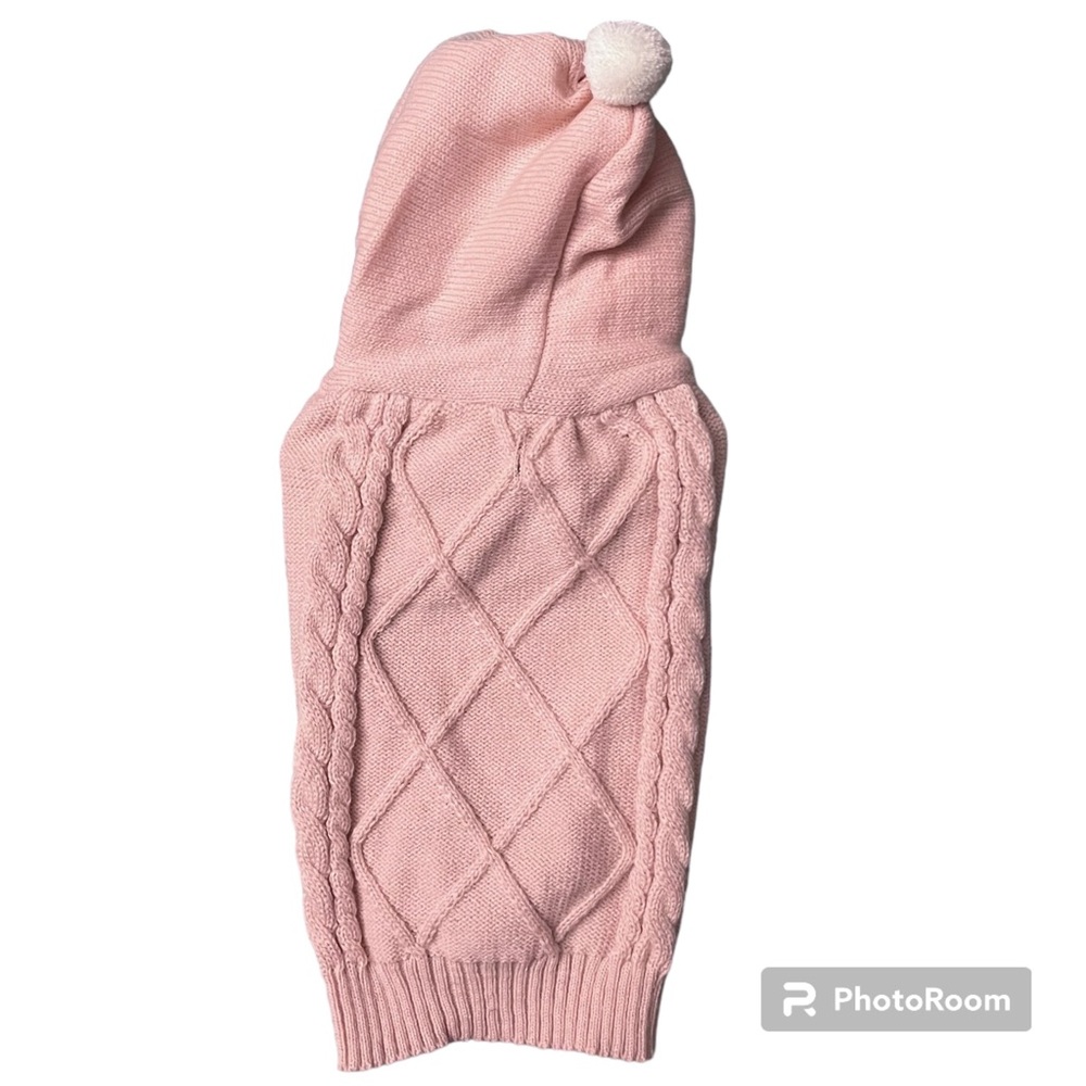 NWT Pink Cable Knit Small Dog Puppy Sweater with Pom Pom Hood - Size Large